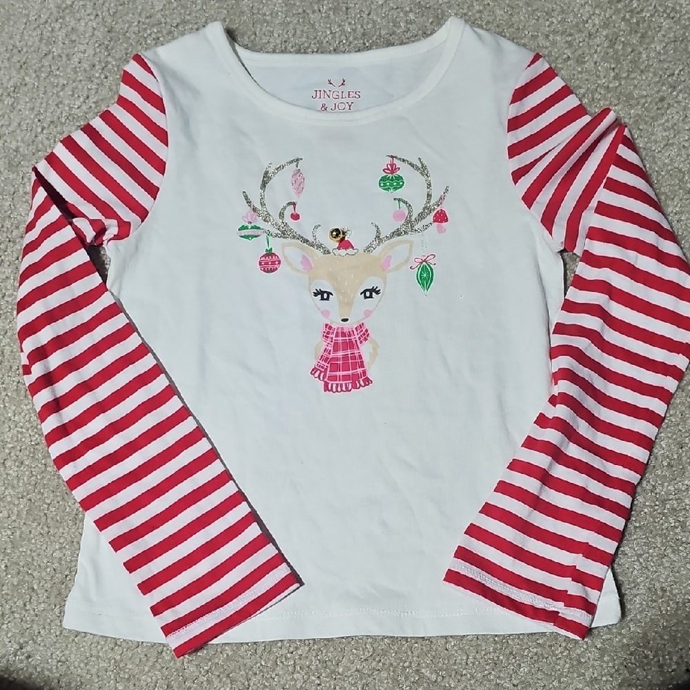Jingles & Joy Reindeer With White and Red Striped Sleeves Girls Shirt